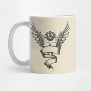 Heart with Crown and Wings Tattoo in Engraving Style. Mug